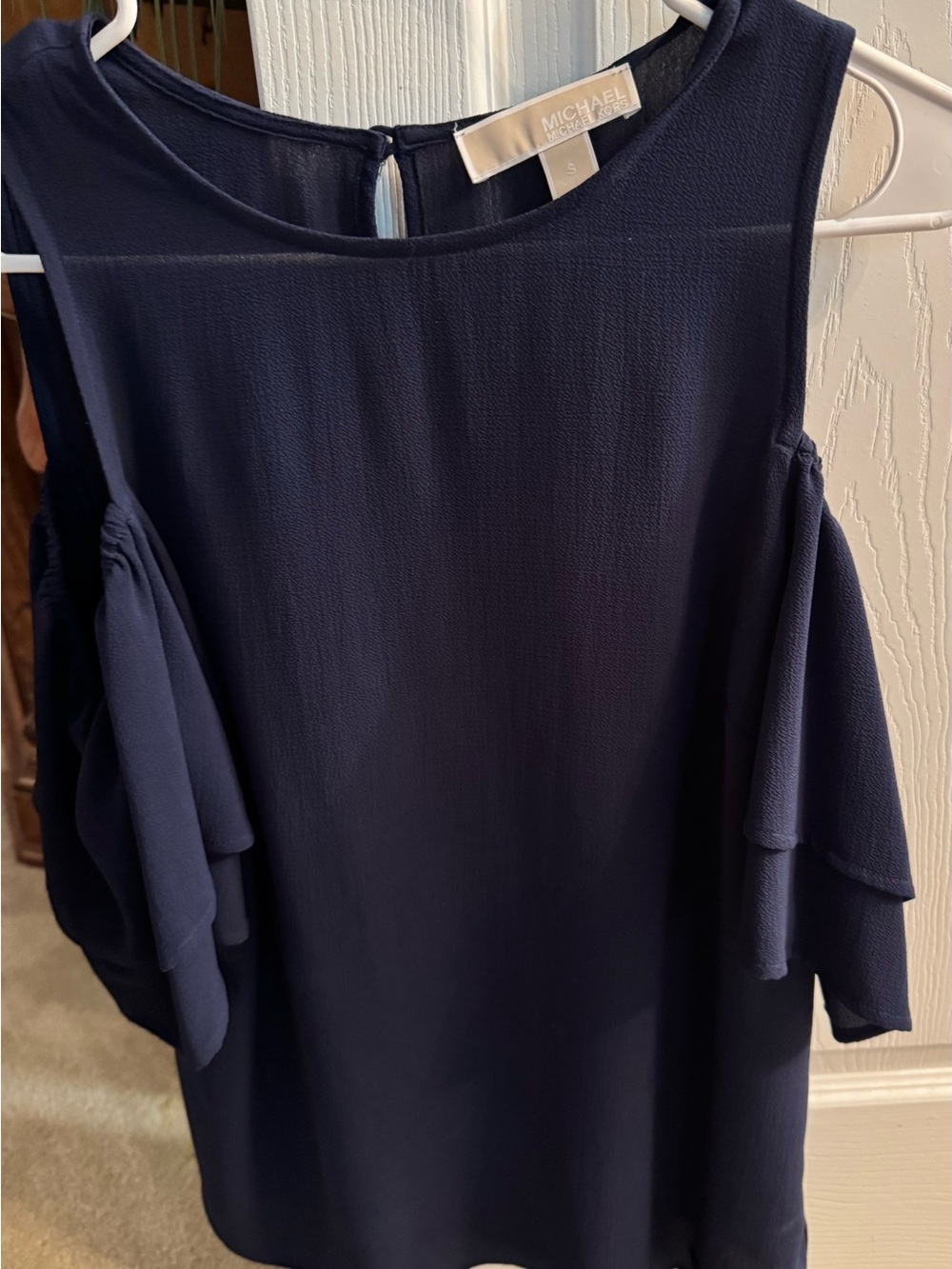 Michael Kors Navy Cold-Shoulder Ruffle Long Sleeve Blouse